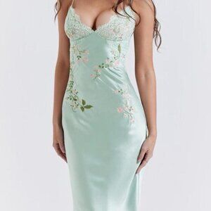 House of CB Fallon Green Satin Floral Cherry Blossom Embroidered Slip Maxi Dress